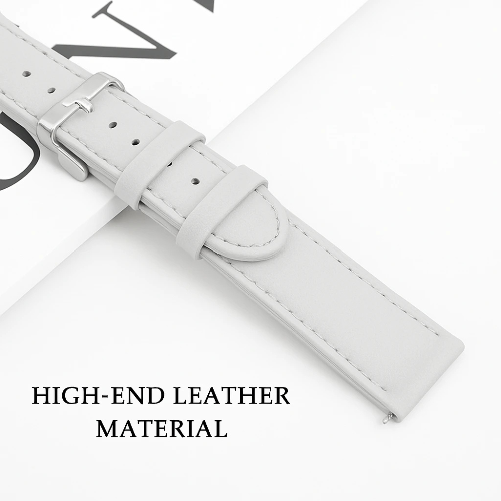Ein hellgraues Lederarmband mit silberner Schnalle. Die Worte "HIGH-END LEATHER MATERIAL" befinden sich im Vordergrund.