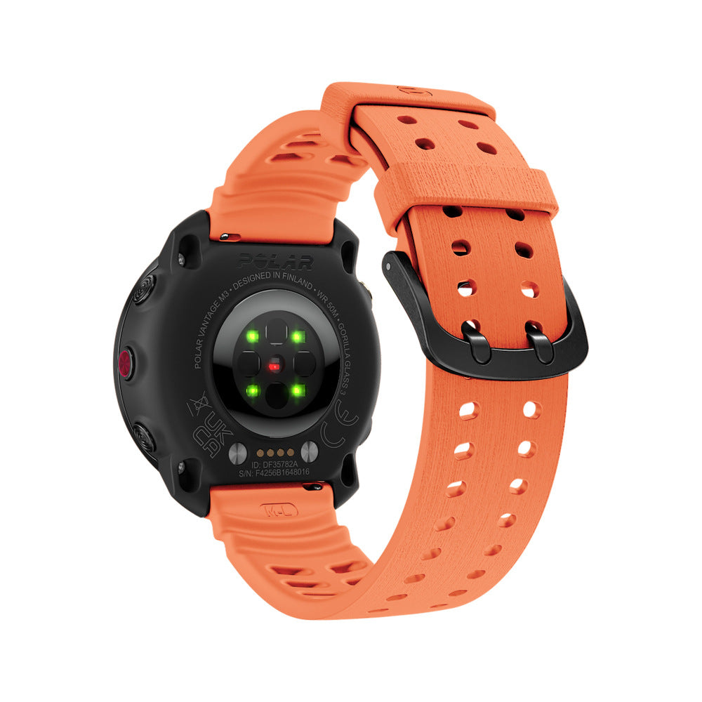 Schwarze Polar Vantage M3 Smartwatch mit orangefarbenem Armband. Details umfassen Herzfrequenzsensor und Produktinformationen.