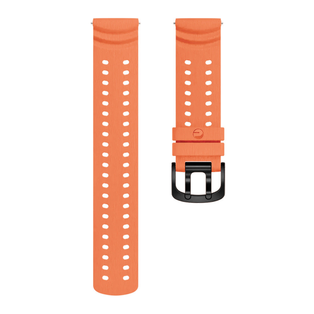 Oranges Uhrenarmband. Ein Teil hat eine Schnalle, der andere Löcher. Beide Teile sind auf weißem Hintergrund.