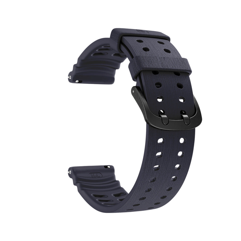 Ein dunkelblaues Uhrenarmband mit schwarzer Schnalle. Das Armband hat mehrere Löcher zur Anpassung und ist gebogen.