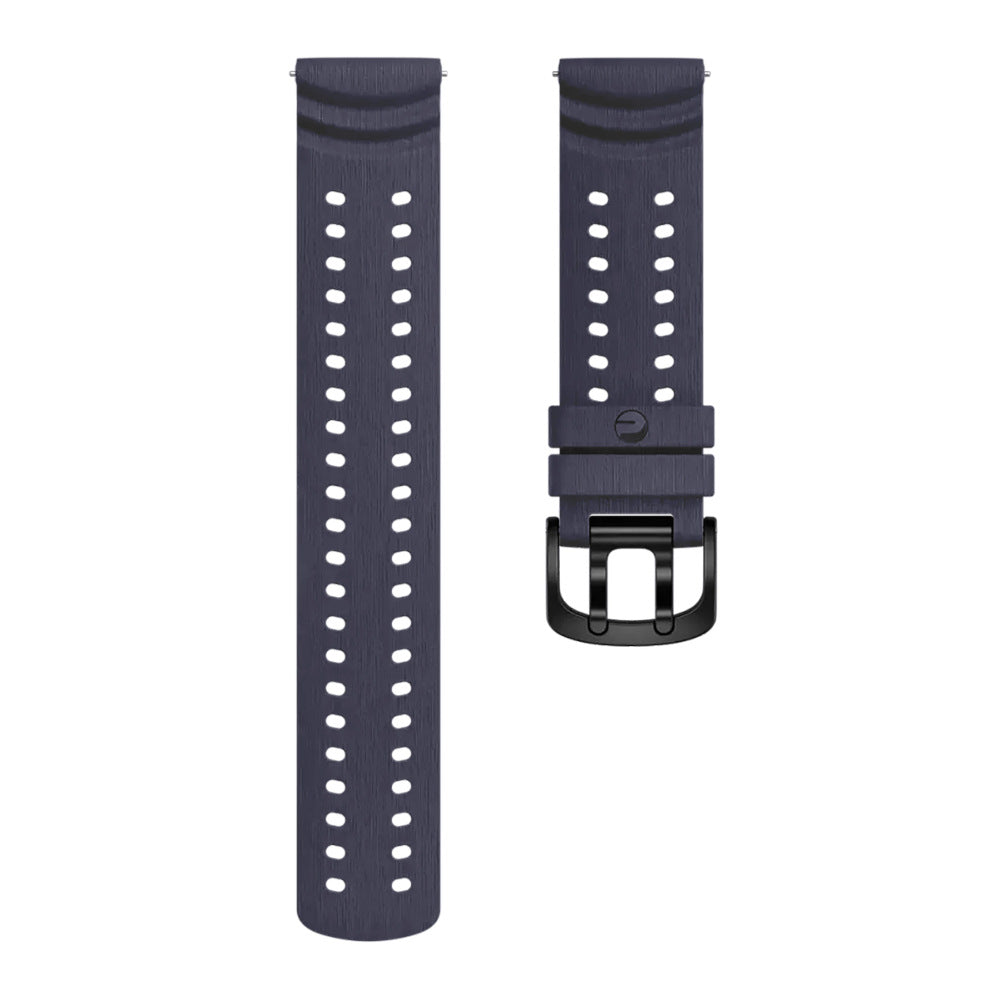 Zwei dunkelblaue Uhrenarmbänder mit weißen Löchern. Eines hat eine schwarze Schnalle. Der Hintergrund ist schlicht weiß.