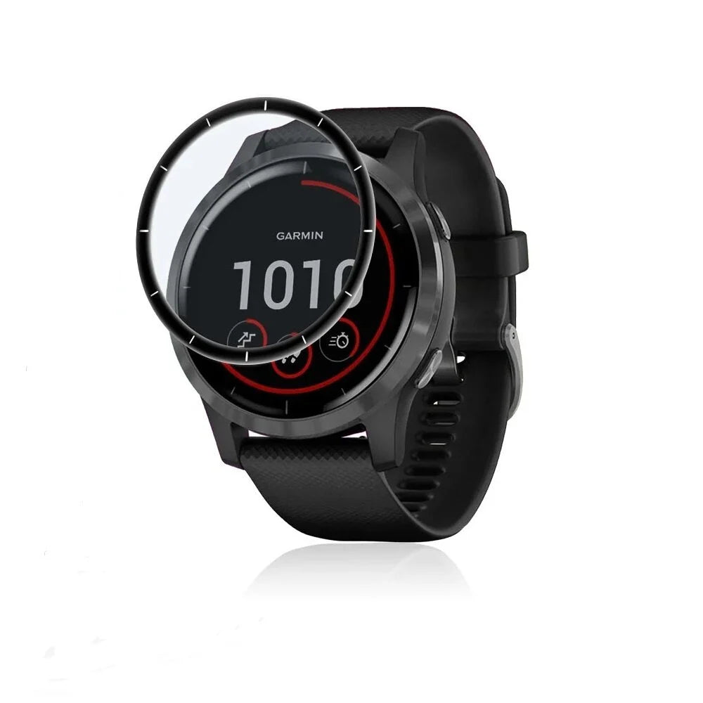 Schwarze Garmin-Smartwatch. Der Bildschirm zeigt die Uhrzeit 10:10 mit roten Akzenten. Die Uhr hat ein schwarzes Armband und befindet sich auf weißem Hintergrund.