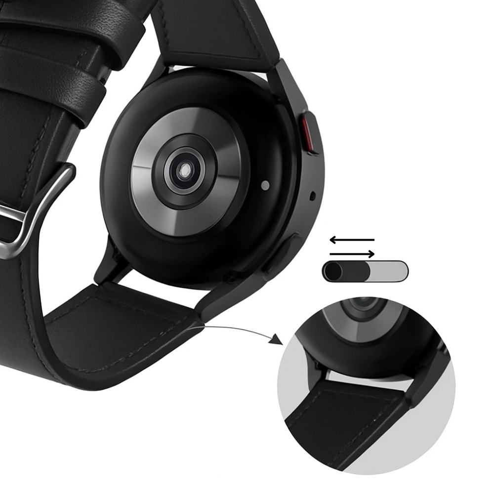 Schwarze Smartwatch mit Lederarmband. Eine Illustration zeigt das Ein-/Ausschalten. Nahaufnahme der Rückseite der Uhr.