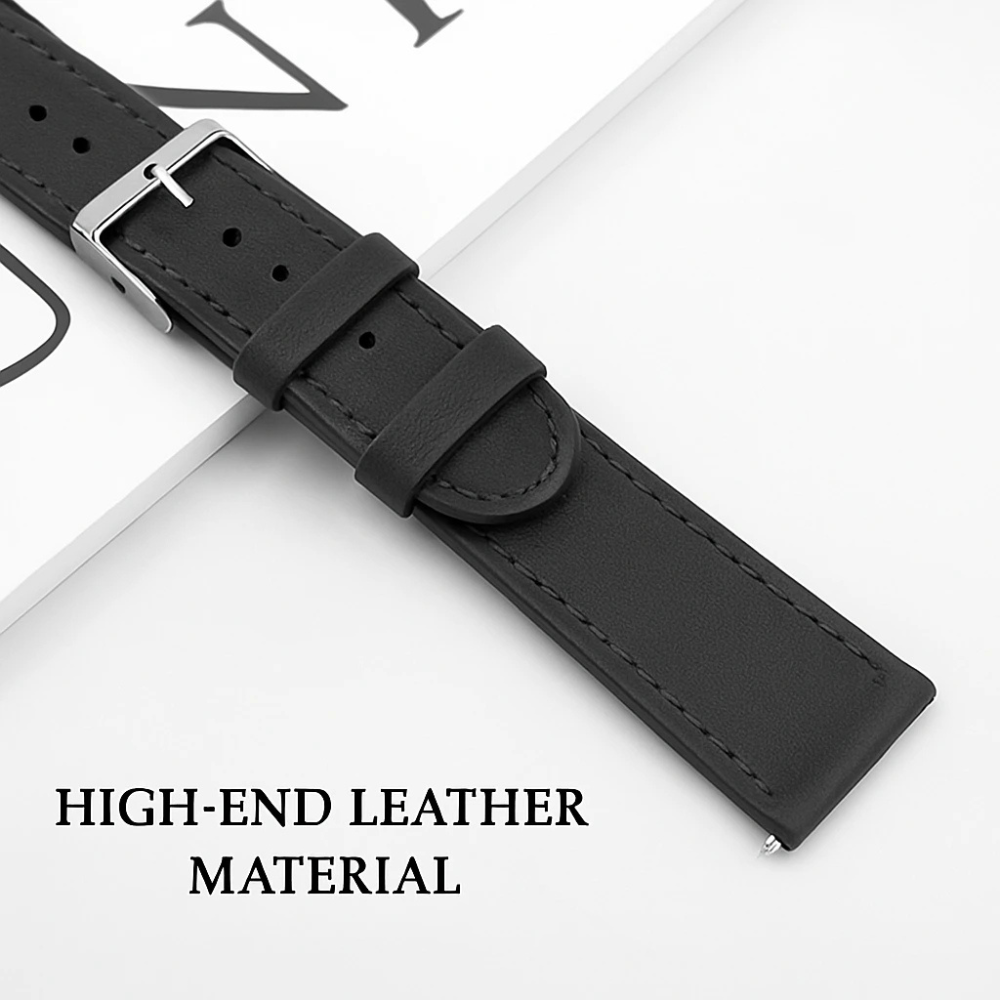 Ein schwarzes Lederarmband mit silberner Schnalle. Unten steht 'HOCHWERTIGES LEDERMATERIAL'.
