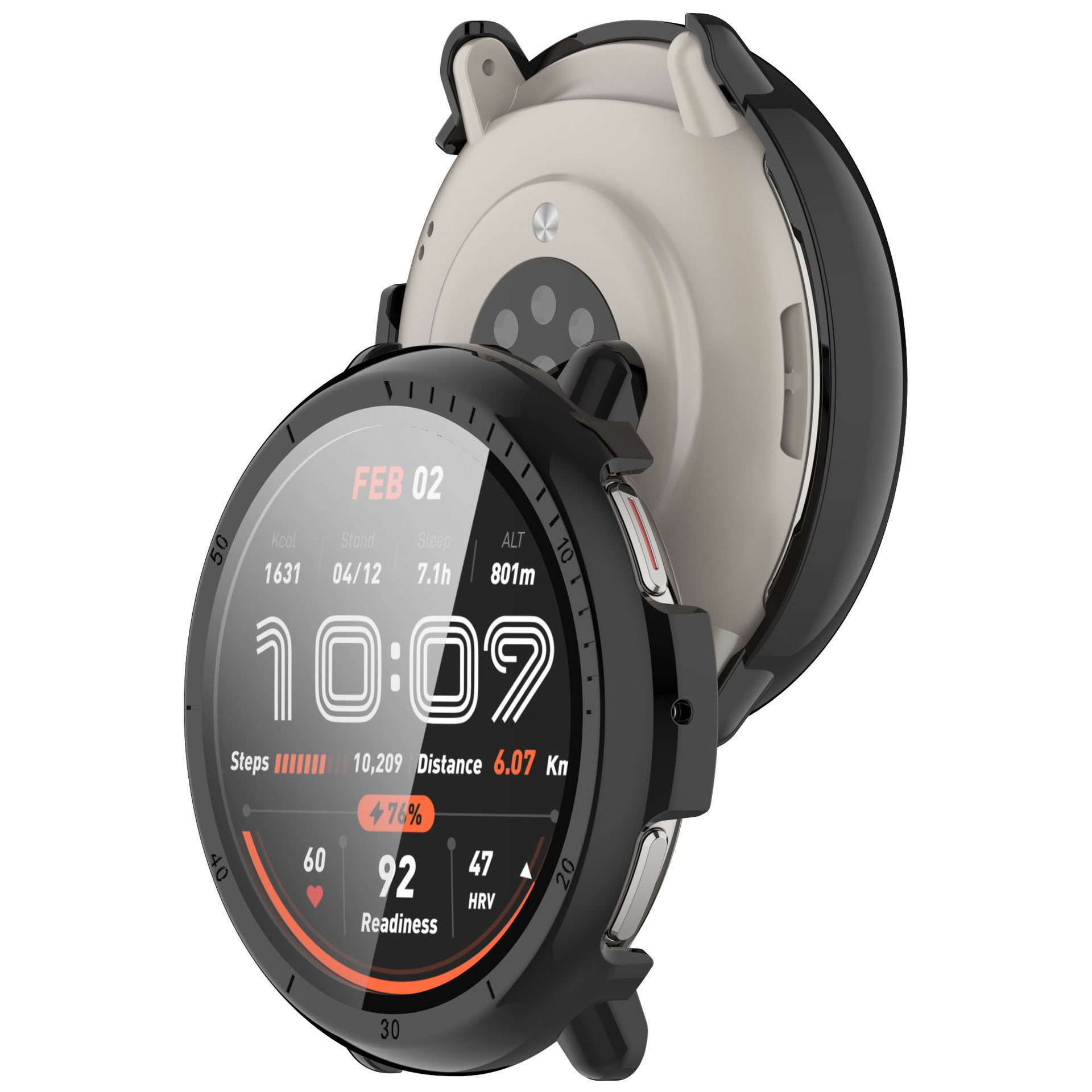 Eine Smartwatch mit schwarzer Lünette und weißem Gehäuse. Der Bildschirm zeigt Datum, Uhrzeit, Schritte und Bereitschaftsdaten. Die Uhrzeit ist 10:09.