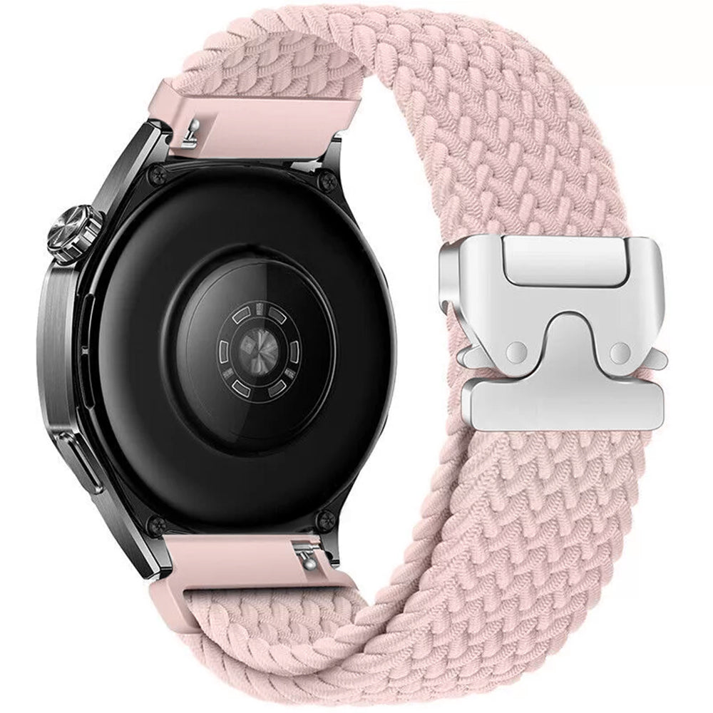 Eine Smartwatch mit einem rosa gewebten Armband. Die Uhr ist schwarz und silber. Das Armband hat einen Metallverschluss.