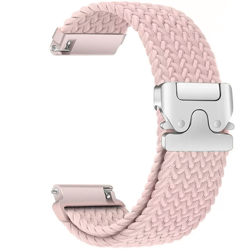 Ein hellrosa geflochtenes Uhrenarmband mit silbernen Verschlüssen. Das Band ist gebogen und scheint neu zu sein.