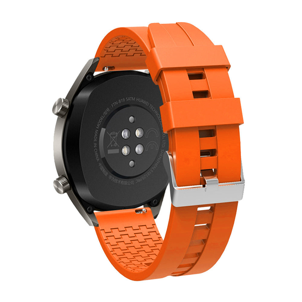 Orange Smartwatch mit schwarzem Gehäuse. Das Armband ist orange und mit der Uhr verbunden. Details der Rückseite der Uhr sind sichtbar.
