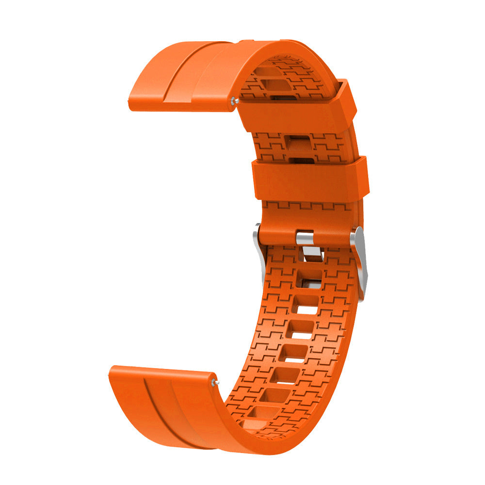 Ein oranges Uhrenarmband wird gezeigt. Das Armband ist gebogen und hat ein strukturiertes Muster. Am Ende befindet sich eine silberne Schnalle.