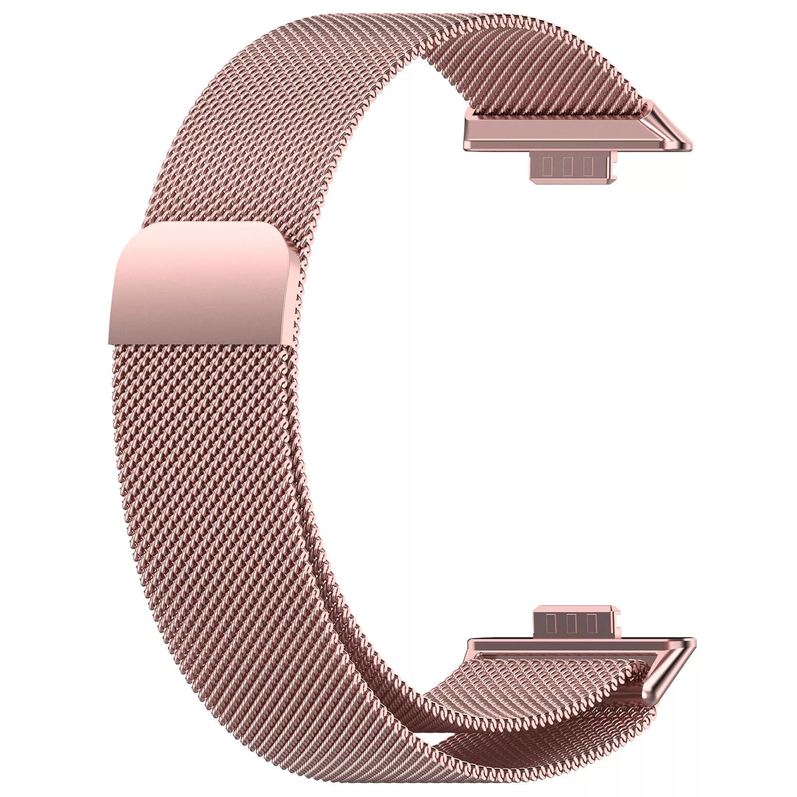 Roségoldenes Uhrenarmband. Es hat ein Netzdesign und einen Magnetverschluss. Das Band ist C-förmig.