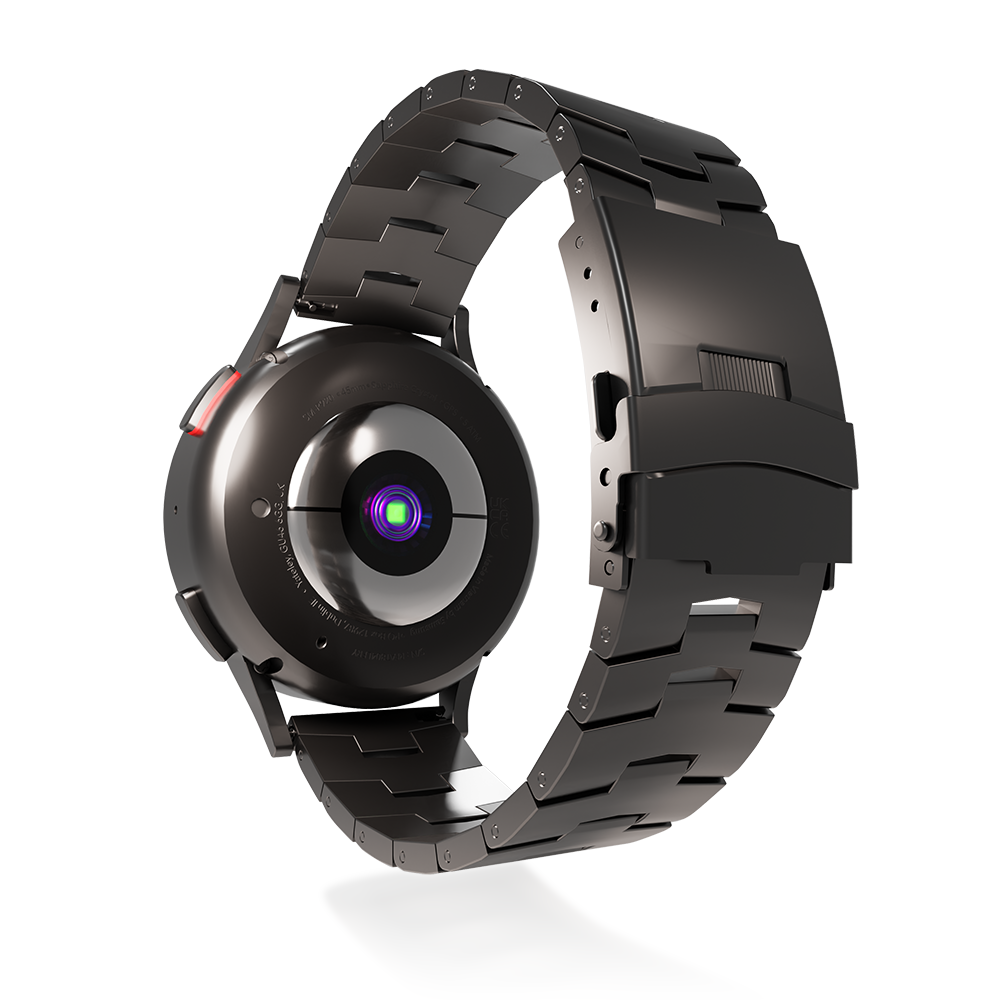 Eine schwarze Smartwatch mit Metallband wird vor weißem Hintergrund gezeigt. Die Rückseite der Uhr zeigt Sensoren und ein grünes Licht.