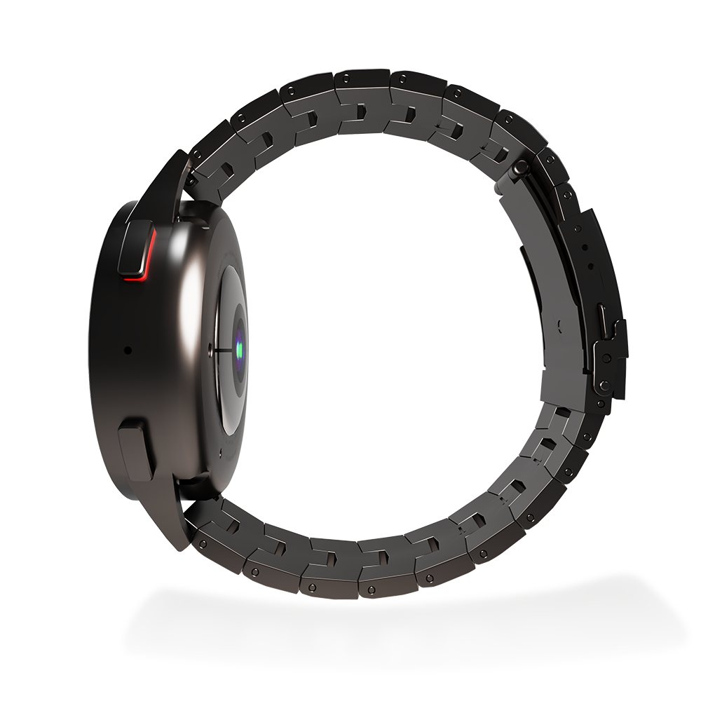 Schwarze Smartwatch mit Metallband, die Uhr ist rund und hat ein Kameraobjektiv. Der Hintergrund ist weiß.