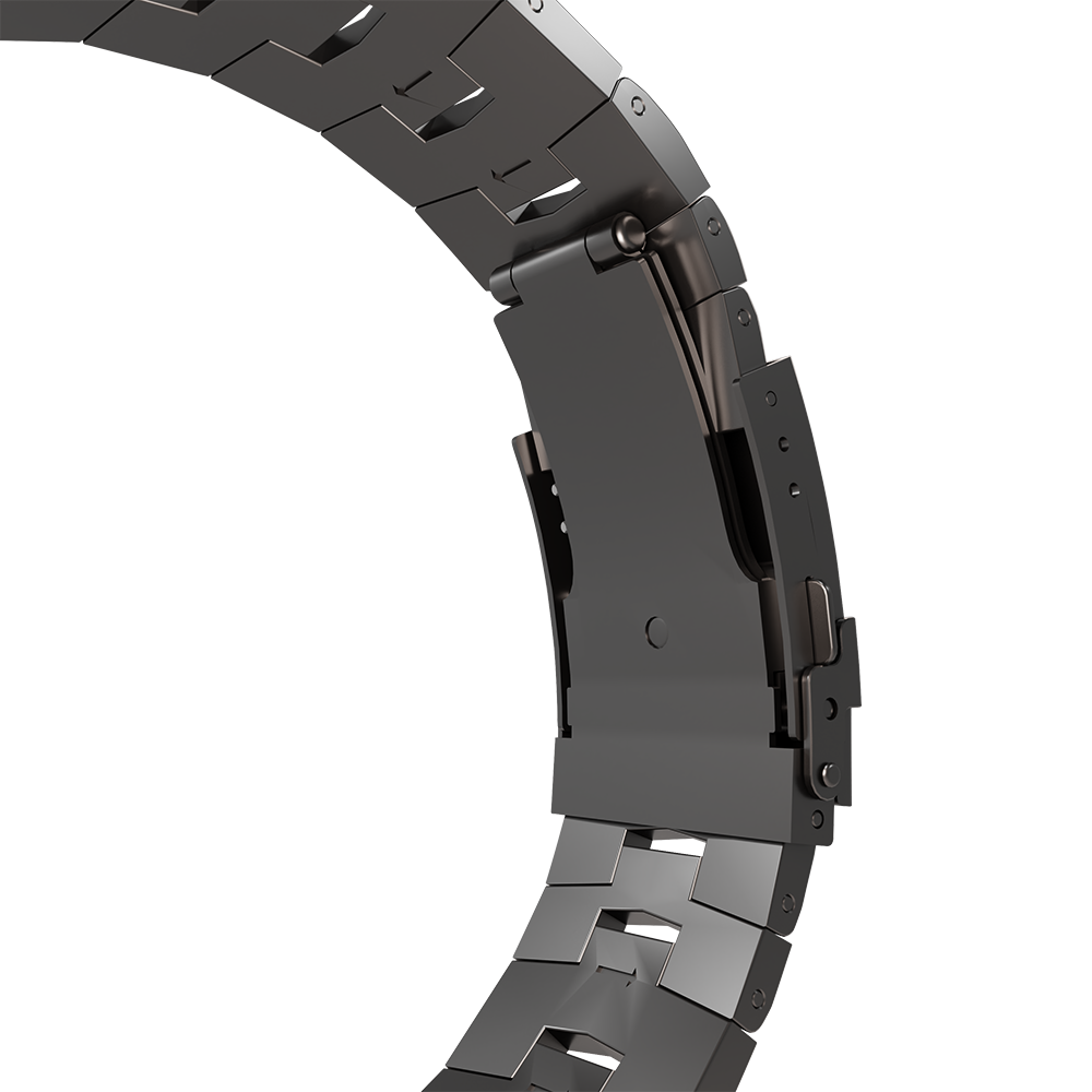 Ein gebogener Abschnitt eines dunkelgrauen Uhrenarmbands vor weißem Hintergrund. Das Band besteht aus verbundenen Metallteilen.