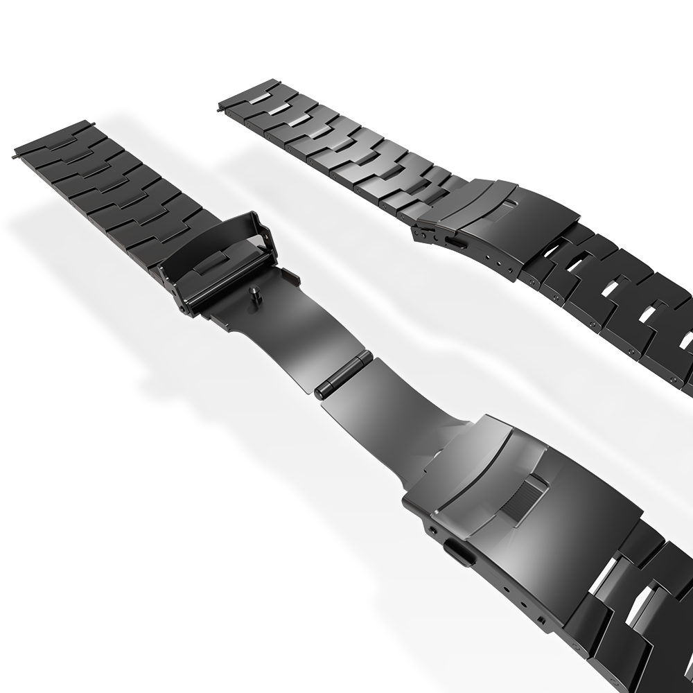 Zwei schwarze Metall-Uhrenarmbänder auf weißem Untergrund. Eines ist offen, das andere geschlossen. Schatten.