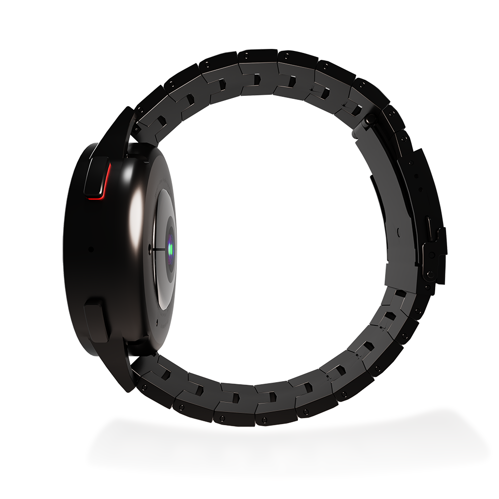 Eine schwarze Smartwatch mit Metallarmband. Die Uhr hat ein rundes Zifferblatt und einen roten Akzent. Sie befindet sich vor weißem Hintergrund.
