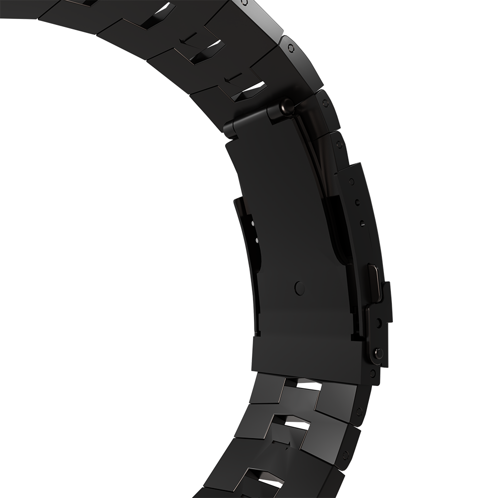 Nahaufnahme eines schwarzen Uhrenarmbands. Das Armband besteht aus verbundenen rechteckigen Gliedern mit einem Verschluss. Der Hintergrund ist weiß.