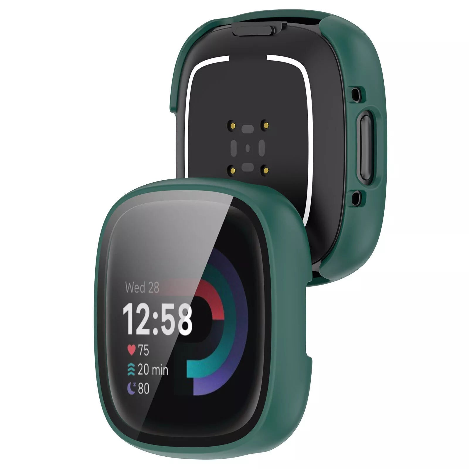 Grüne Smartwatch mit Bildschirm, der Zeit, Herzfrequenz und Aktivitätsdaten anzeigt. Die Rückseite ist schwarz, das Gehäuse grün.