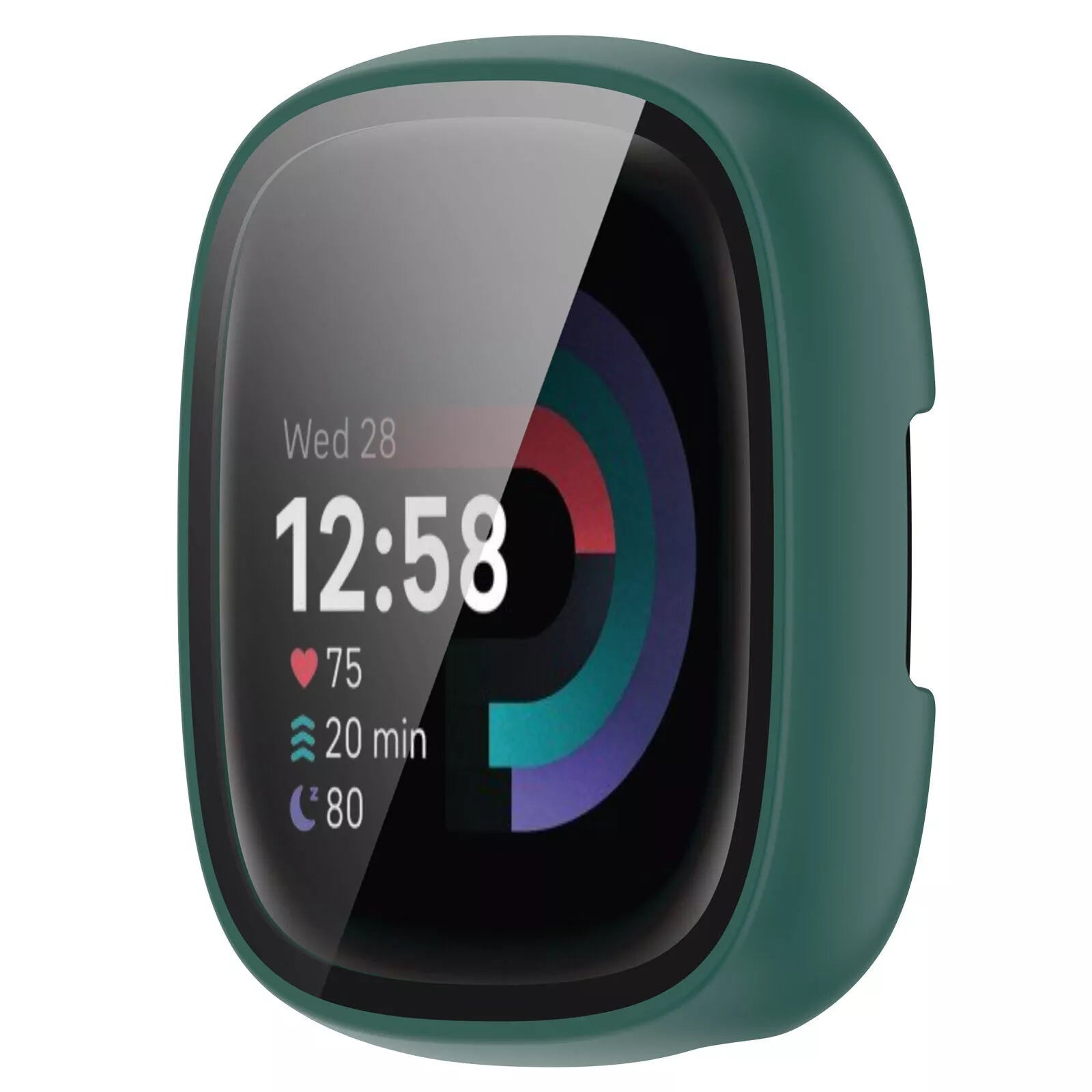 Grüne Smartwatch mit Anzeige von Uhrzeit, Datum, Herzfrequenz, Trainingszeit und Schlafwert. Die Uhr hat ein gebogenes Design und einen dunklen Bildschirm.