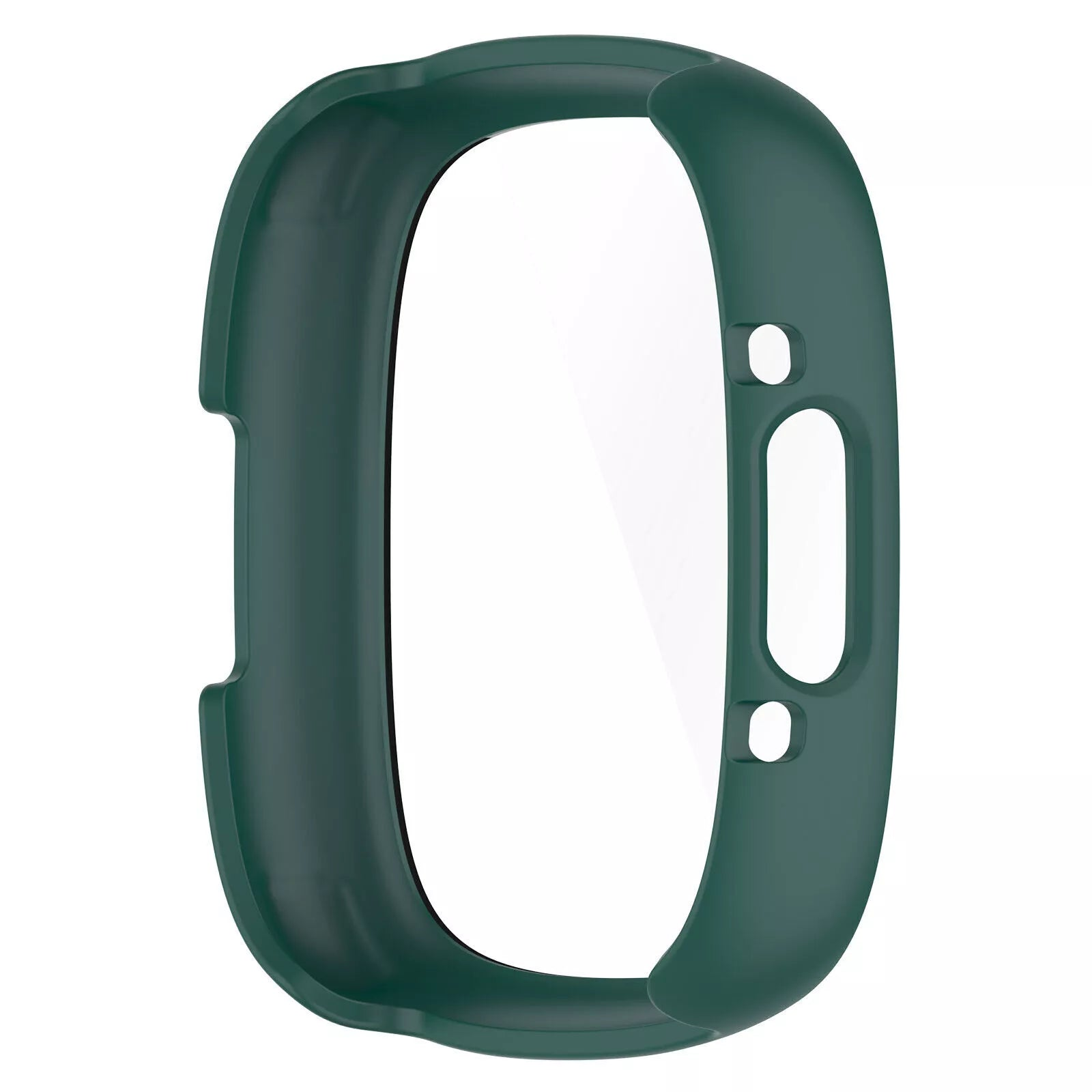 Eine dunkelgrüne Schutzhülle für eine Smartwatch. Es hat eine ovale Form mit einer klaren Mitte und zwei kleinen runden Löchern.