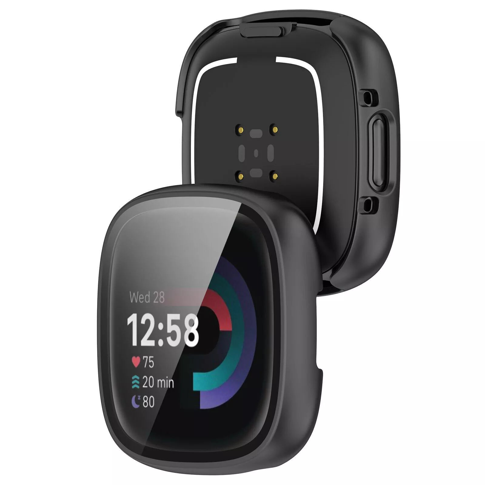 Schwarze Smartwatch mit Uhrzeit, Herzfrequenz und Trainingsdaten. Die Uhr befindet sich in der schwarzen Ladestation.
