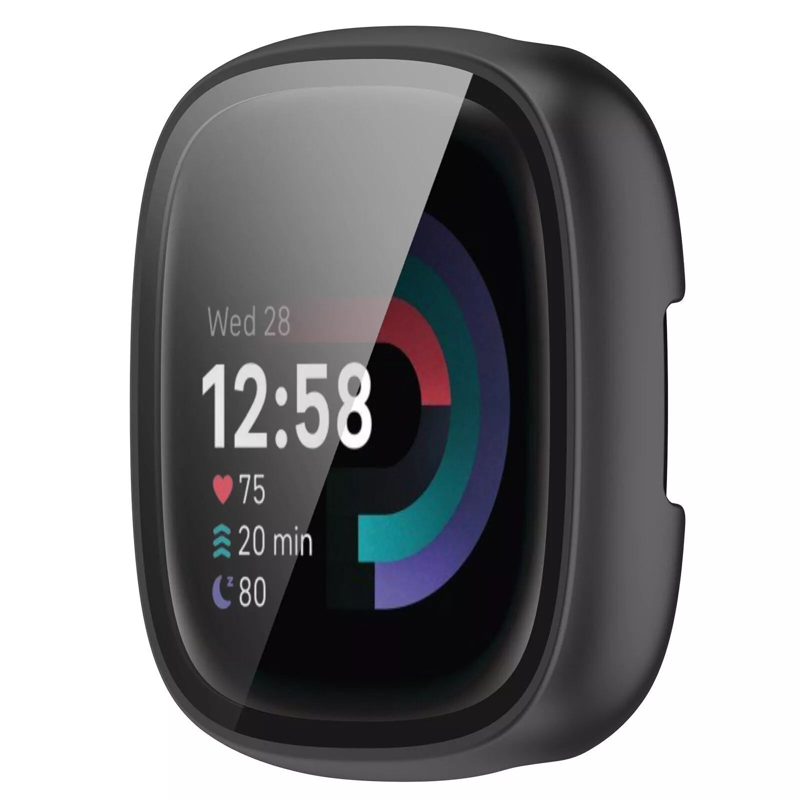 Schwarze Smartwatch zeigt Zeit, Herzfrequenz, Aktivität und Schlafdaten. Der Bildschirm zeigt ein farbenfrohes Aktivitätsdiagramm.