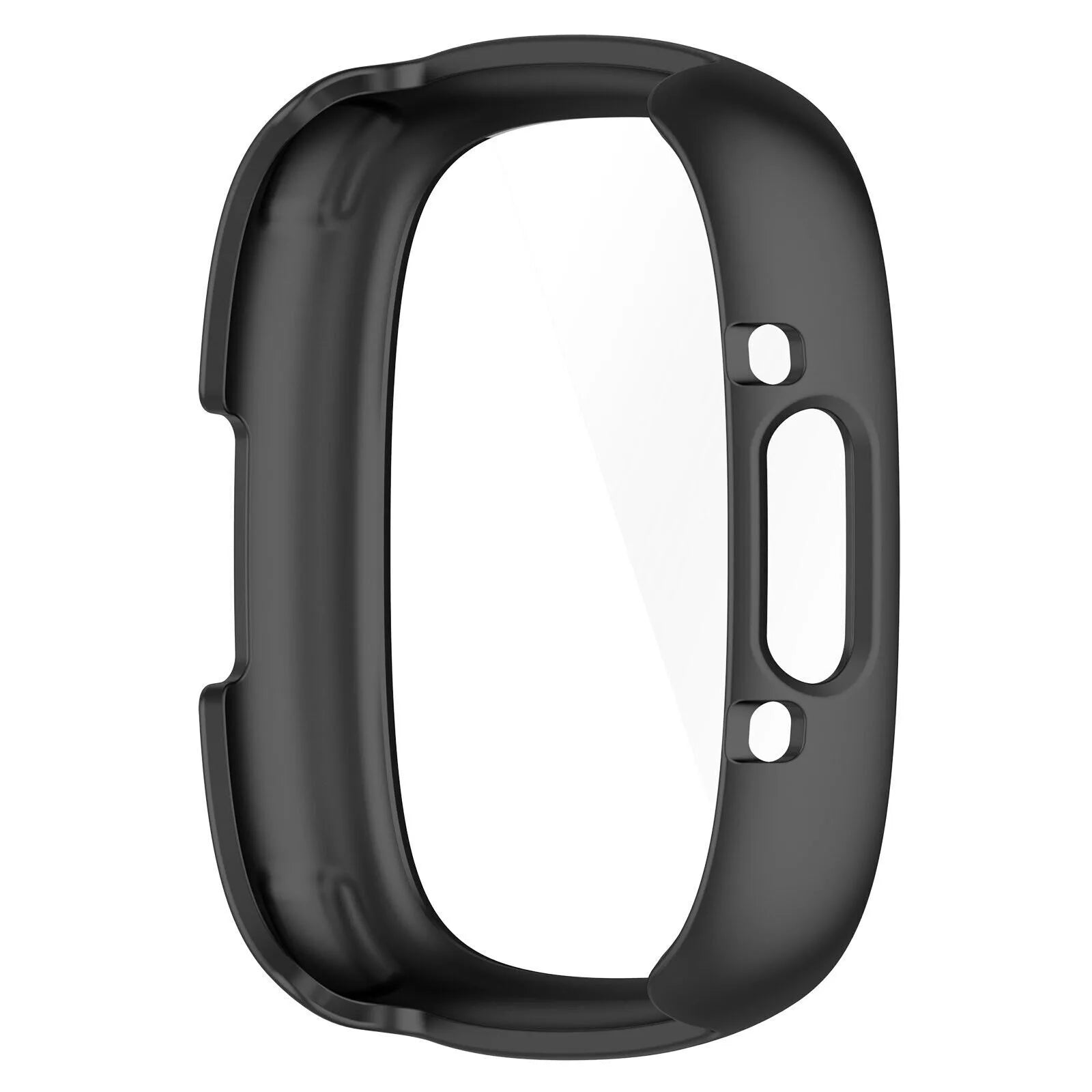 Eine schwarze Schutzhülle für ein Smartband. Es hat ein gebogenes Design mit einem transparenten Fenster und mehreren Öffnungen.