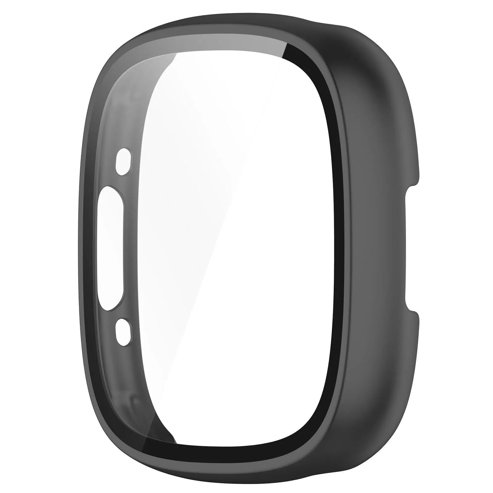 Eine schwarze Smartwatch-Hülle mit klarem Displayschutz. Sie hat eine abgerundete rechteckige Form mit Ausschnitten und einem transparenten Zentrum.