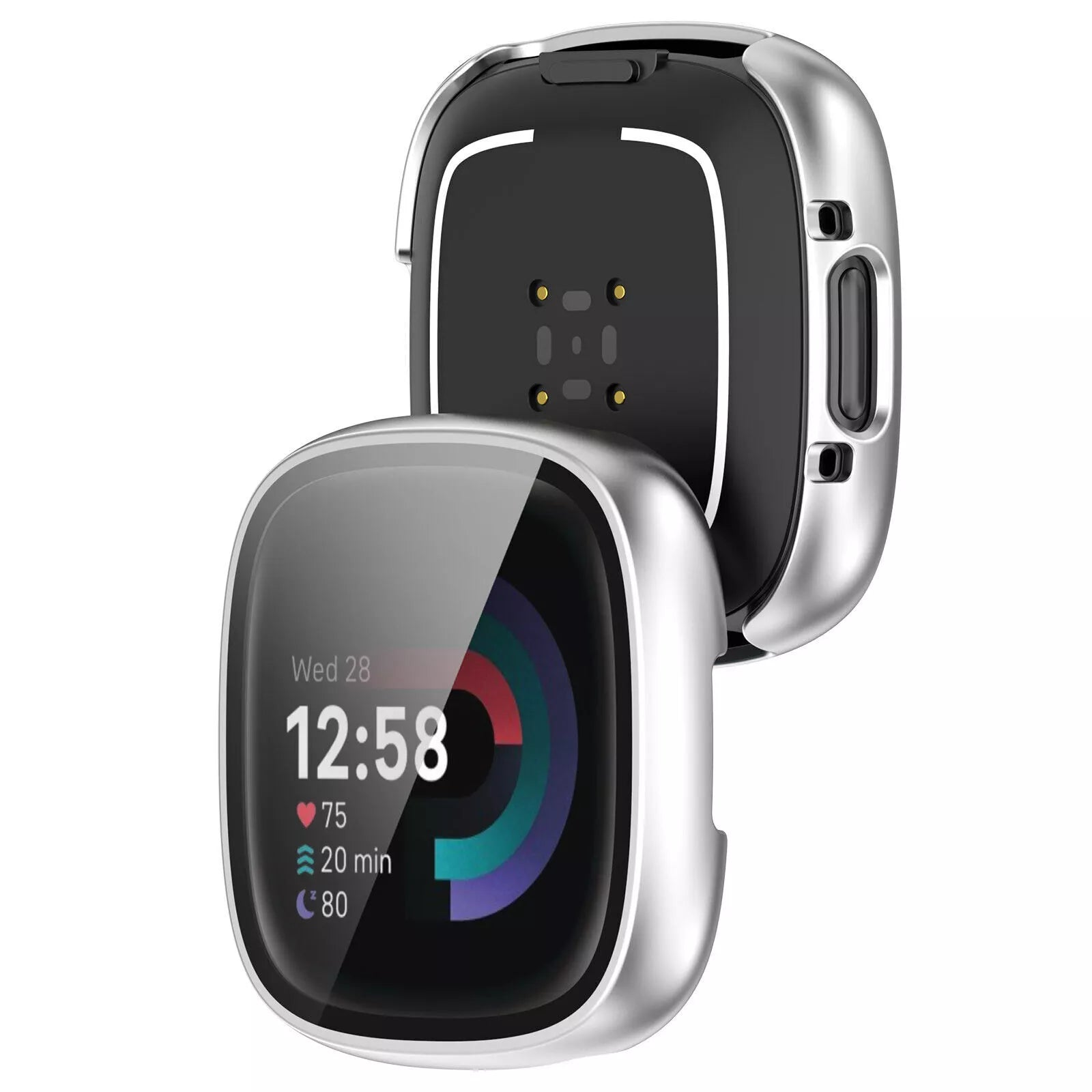 Eine Smartwatch mit silbernem Gehäuse, schwarzem Bildschirm, der Zeit, Herzfrequenz und Aktivitätsdaten anzeigt, und schwarzer Rückseite.