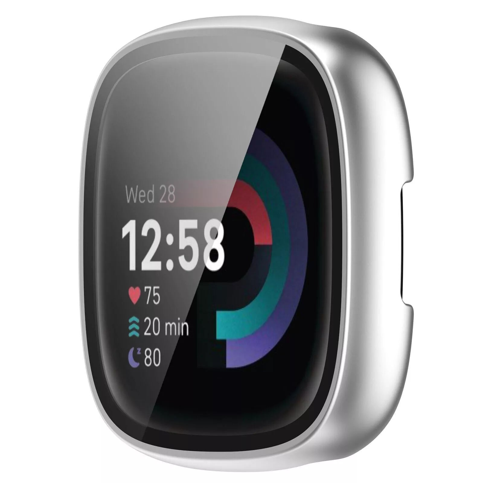 Smartwatch mit schwarzem Bildschirm, der die Zeit 12:58, Herzfrequenz 75, Trainingsdauer 20 Min. und Schlaf-Score 80 anzeigt.