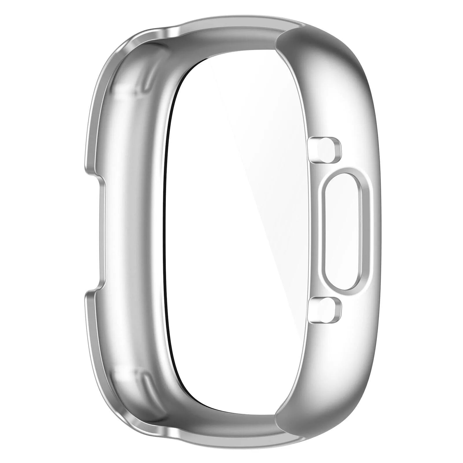 Eine transparente Schutzhülle für eine Smartwatch. Sie ist silberfarben und hat eine ovale Form mit Aussparungen für Bildschirm und Tasten.