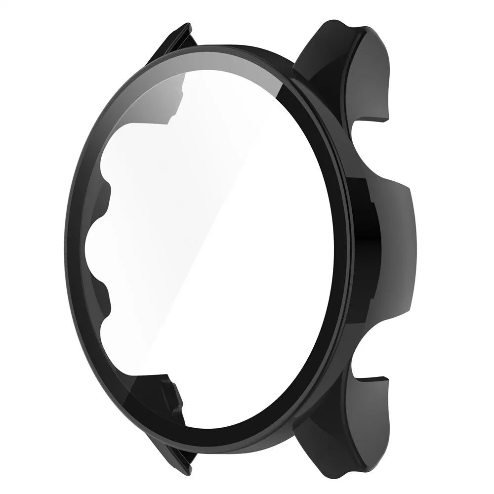 Eine schwarze Uhrenhülle mit transparentem Bildschirmschutz. Die Hülle hat eine runde Form mit erhöhten Rändern und Aussparungen.