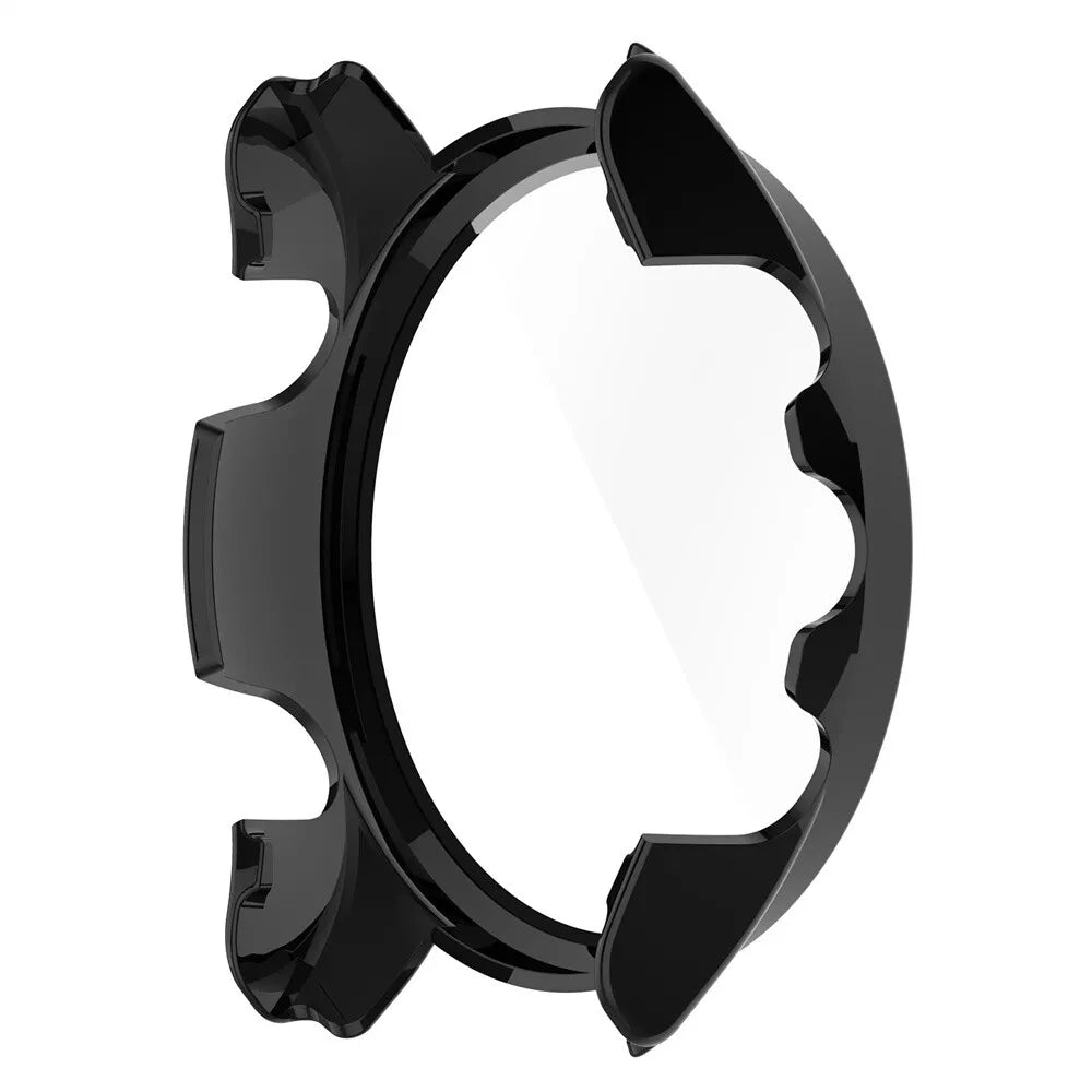 Ein schwarzes Uhrengehäuse mit einer klaren Displayschutzfolie. Das Gehäuse hat ein kreisförmiges Design mit gebogenen Kanten und Aussparungen.