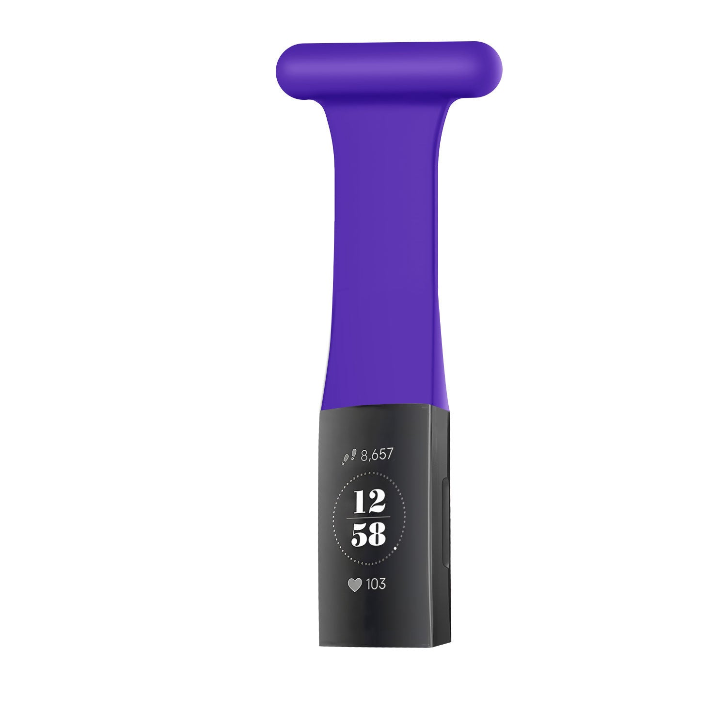 Ein lila Fitness-Tracker mit schwarzem Display, das Zeit, Schritte und Herzfrequenz anzeigt. Es hat ein Band und einen Bildschirm.