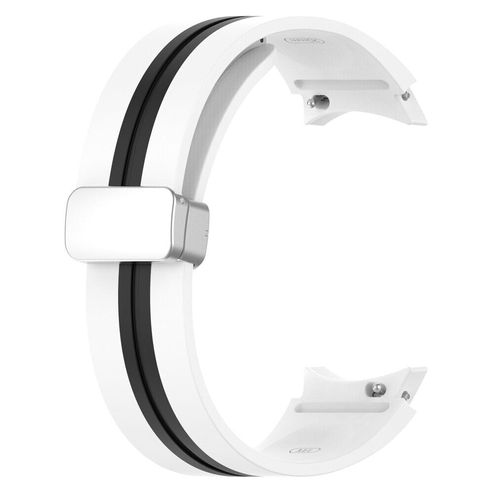 Weißes Uhrenarmband mit zwei schwarzen Streifen und einer silbernen Schließe. Das Armband ist gebogen und hat ein modernes, minimalistisches Design.