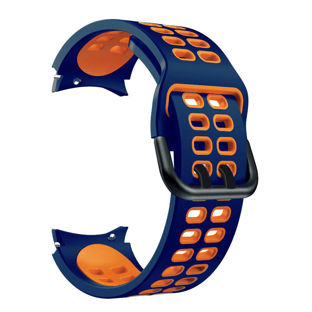 Ein blau-oranges Uhrenarmband. Das Armband besteht aus Silikon mit Löchern. Es gibt eine schwarze Schnalle.