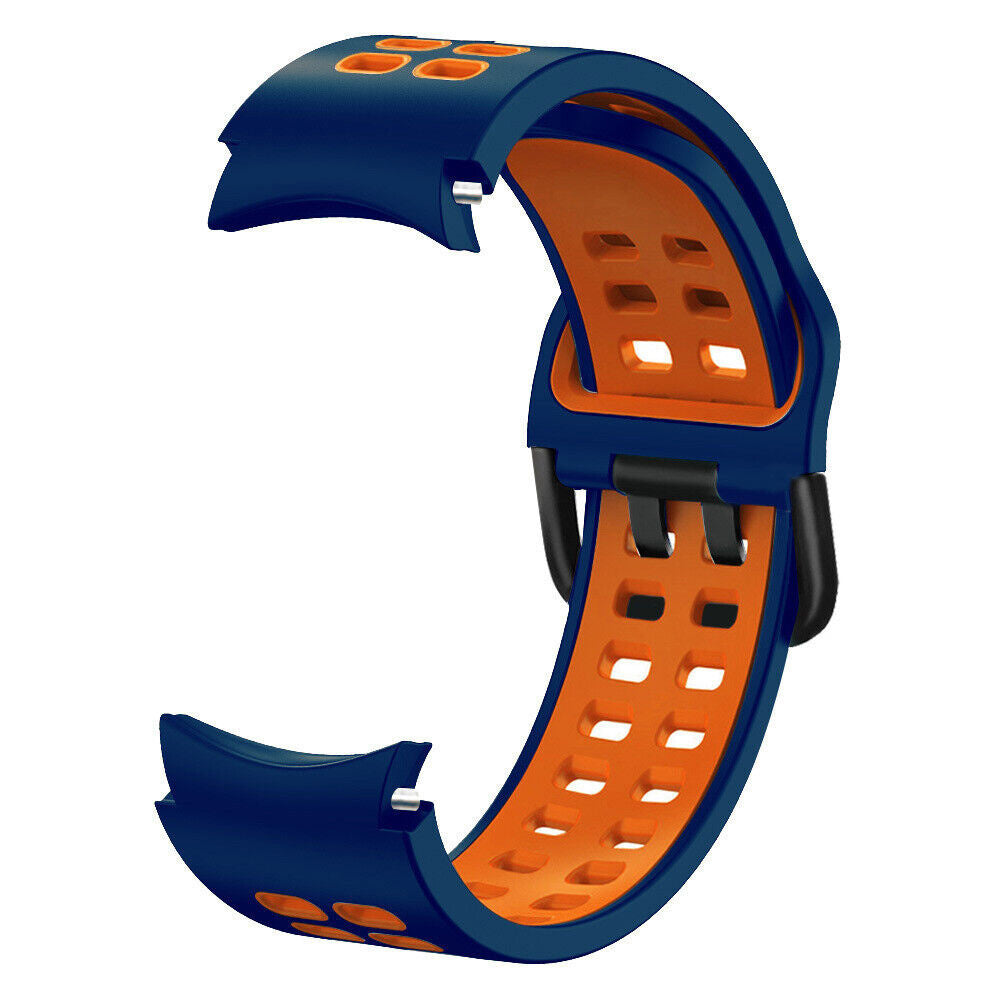 Ein blau-oranges Uhrenarmband. Das Armband ist gebogen und hat eine schwarze Schnalle. Die Innenseite ist orange mit Aussparungen, die Außenseite ist blau.