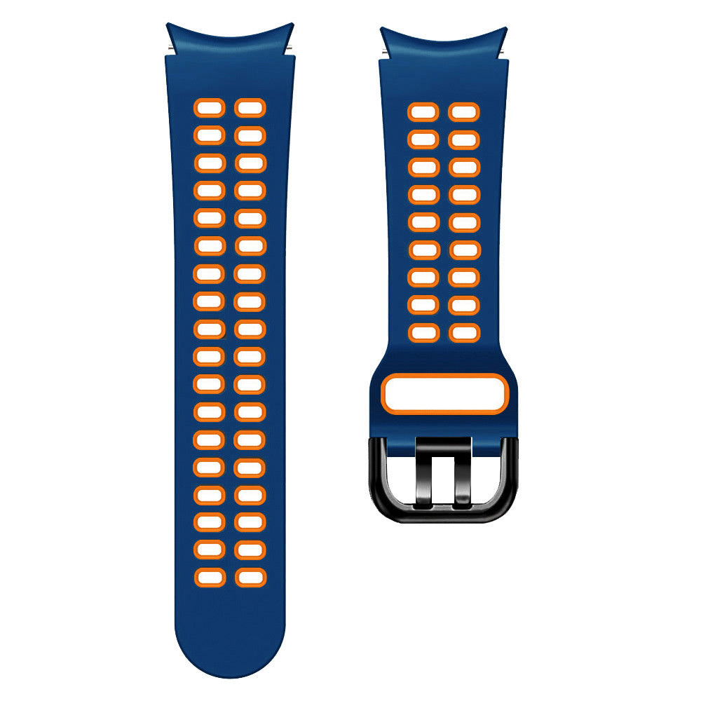 Zwei blaue Uhrenarmbänder mit orangefarbenen Akzenten. Eines hat eine Schnalle. Beide haben rechteckige Löcher. Weißer Hintergrund.