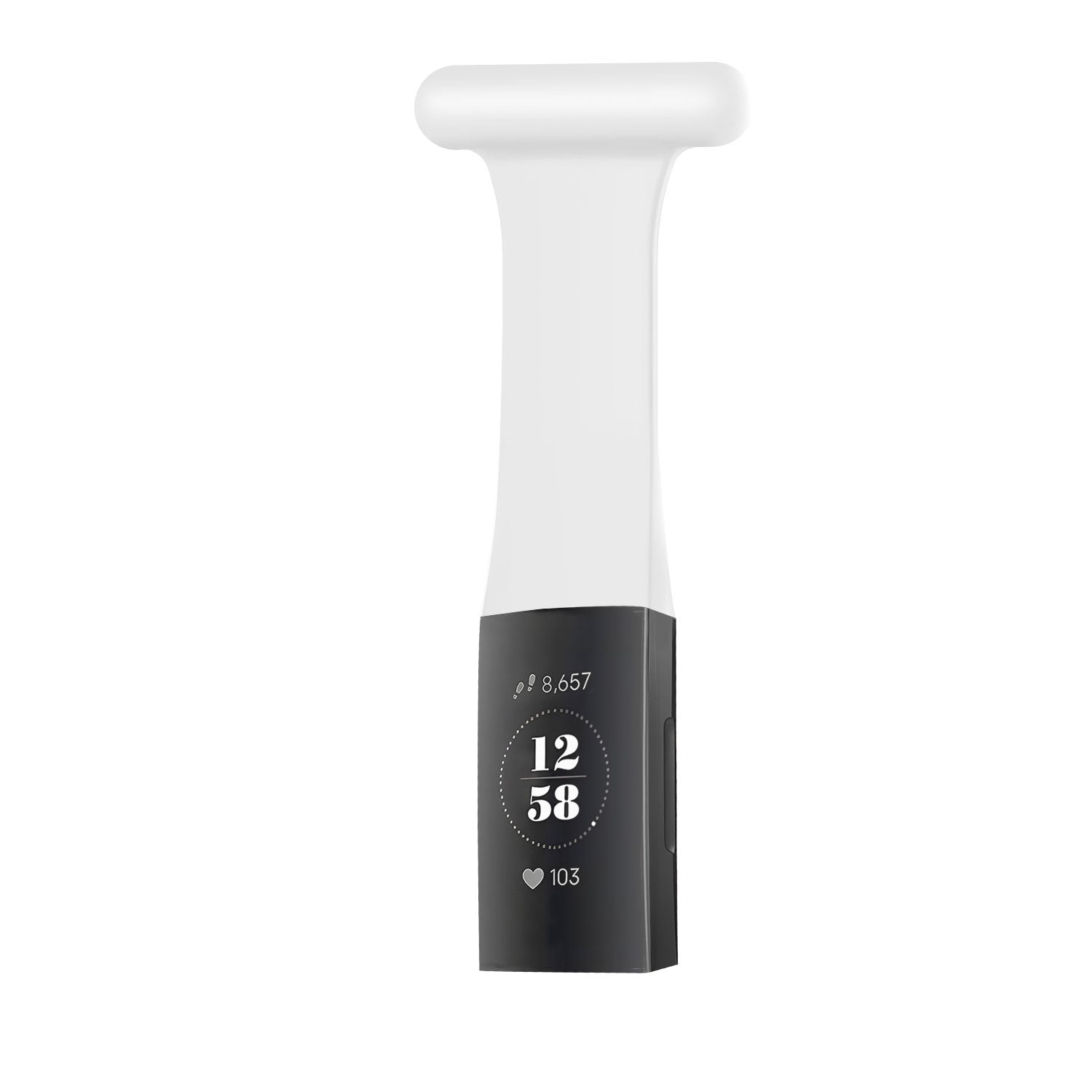 Ein schwarz-weißer Fitness-Tracker. Der Bildschirm zeigt die Zeit 12:58 und andere Daten wie Schritte und Herzfrequenz.