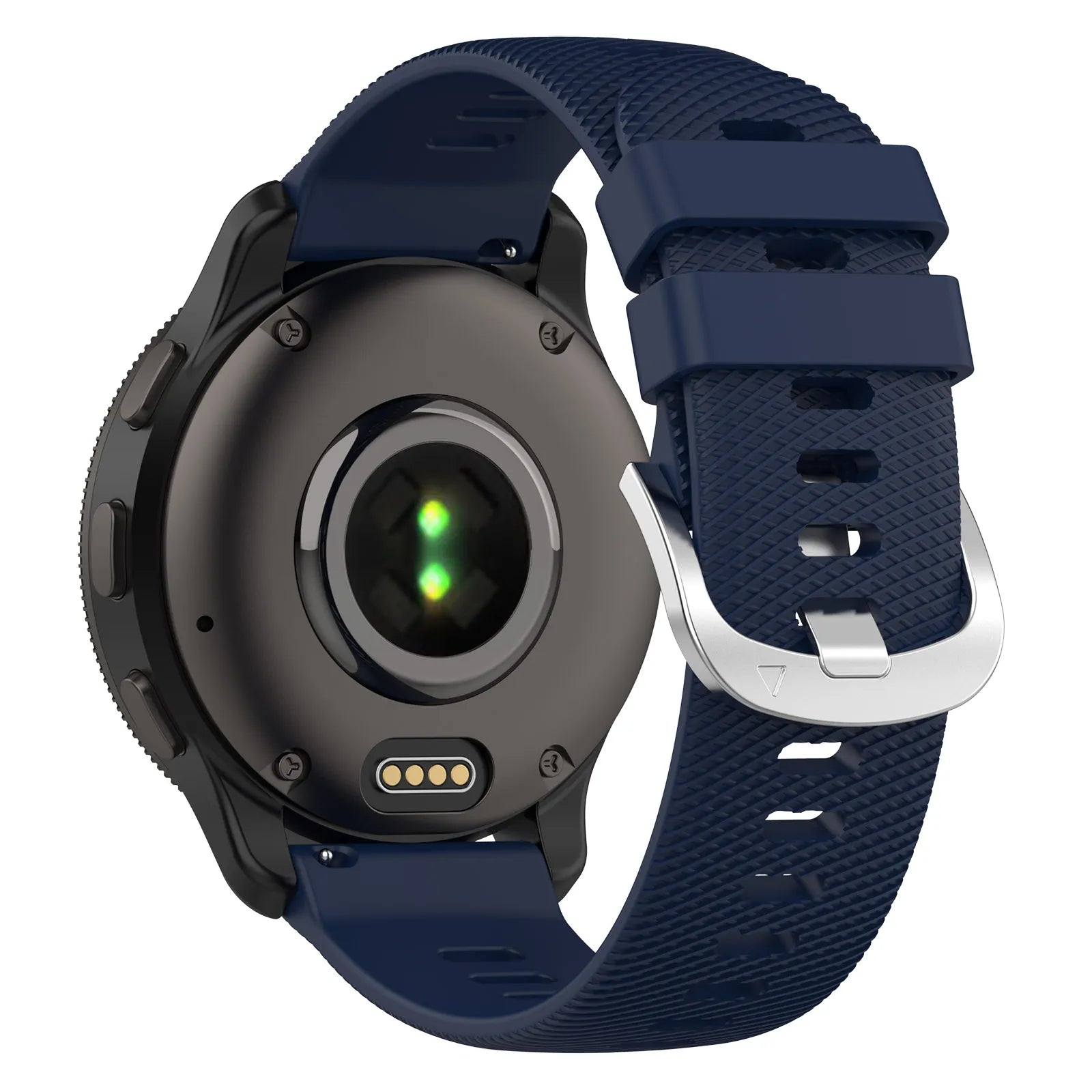 Rückansicht einer schwarzen Smartwatch mit marineblauem Armband. Mit Herzfrequenzsensor und Metallverschluss. Isoliert auf weißem Hintergrund.