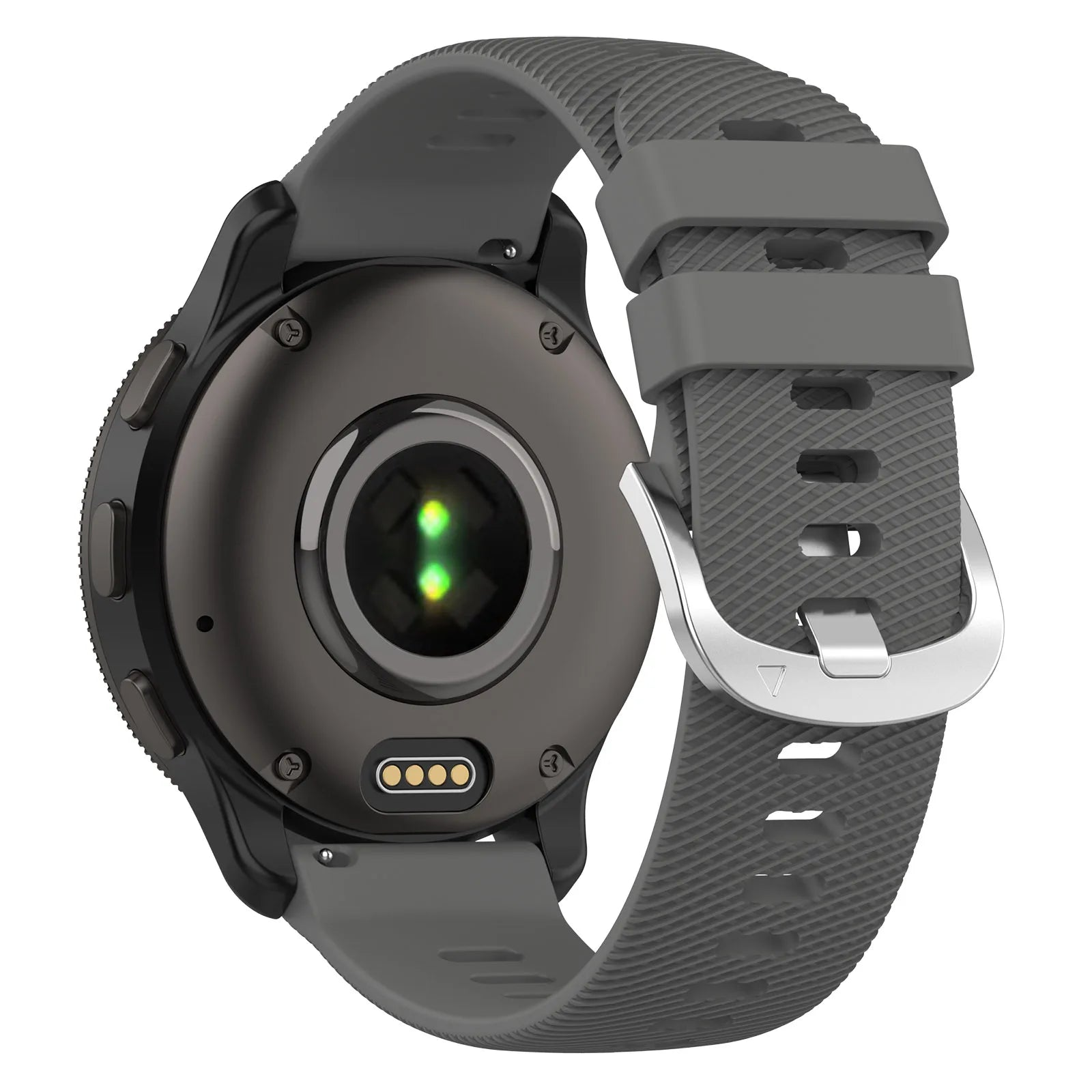 Eine dunkle Smartwatch mit grauem Armband ist von hinten zu sehen. Sie hat einen Herzfrequenzsensor und einen Metallverschluss.