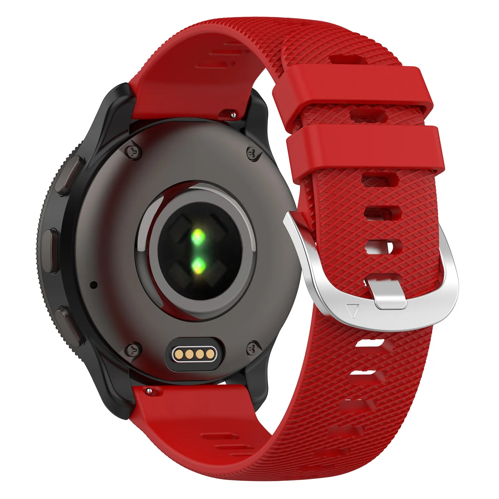 Schwarze Smartwatch mit rotem Armband. Die Rückseite der Uhr hat Sensoren. Das Armband hat eine silberne Schnalle.