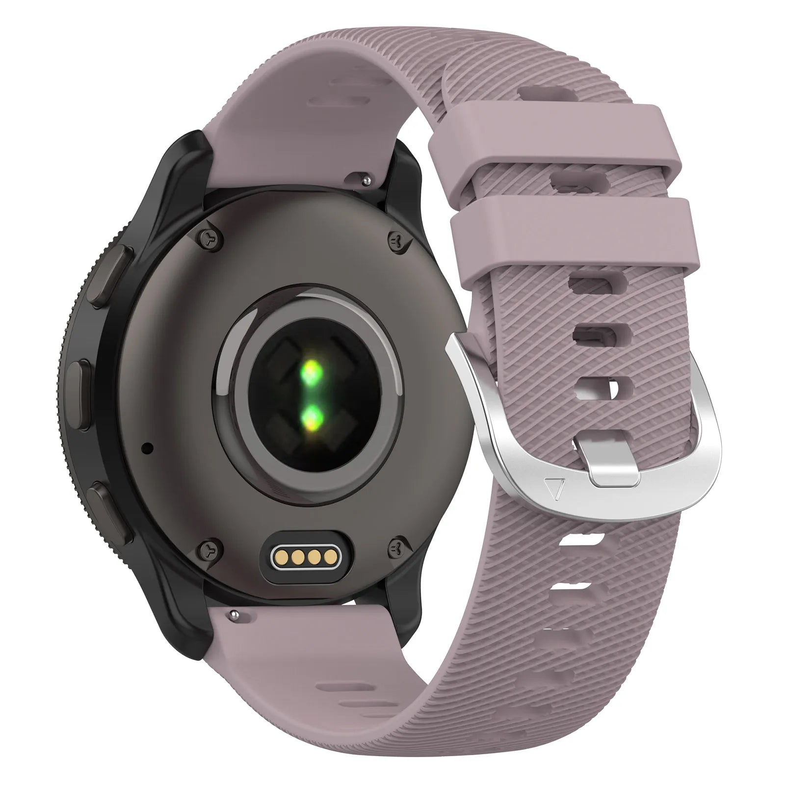 Nahaufnahme einer Smartwatch mit lavendelfarbenem Armband. Die Uhr ist schwarz, mit einem Herzfrequenzsensor auf der Rückseite.