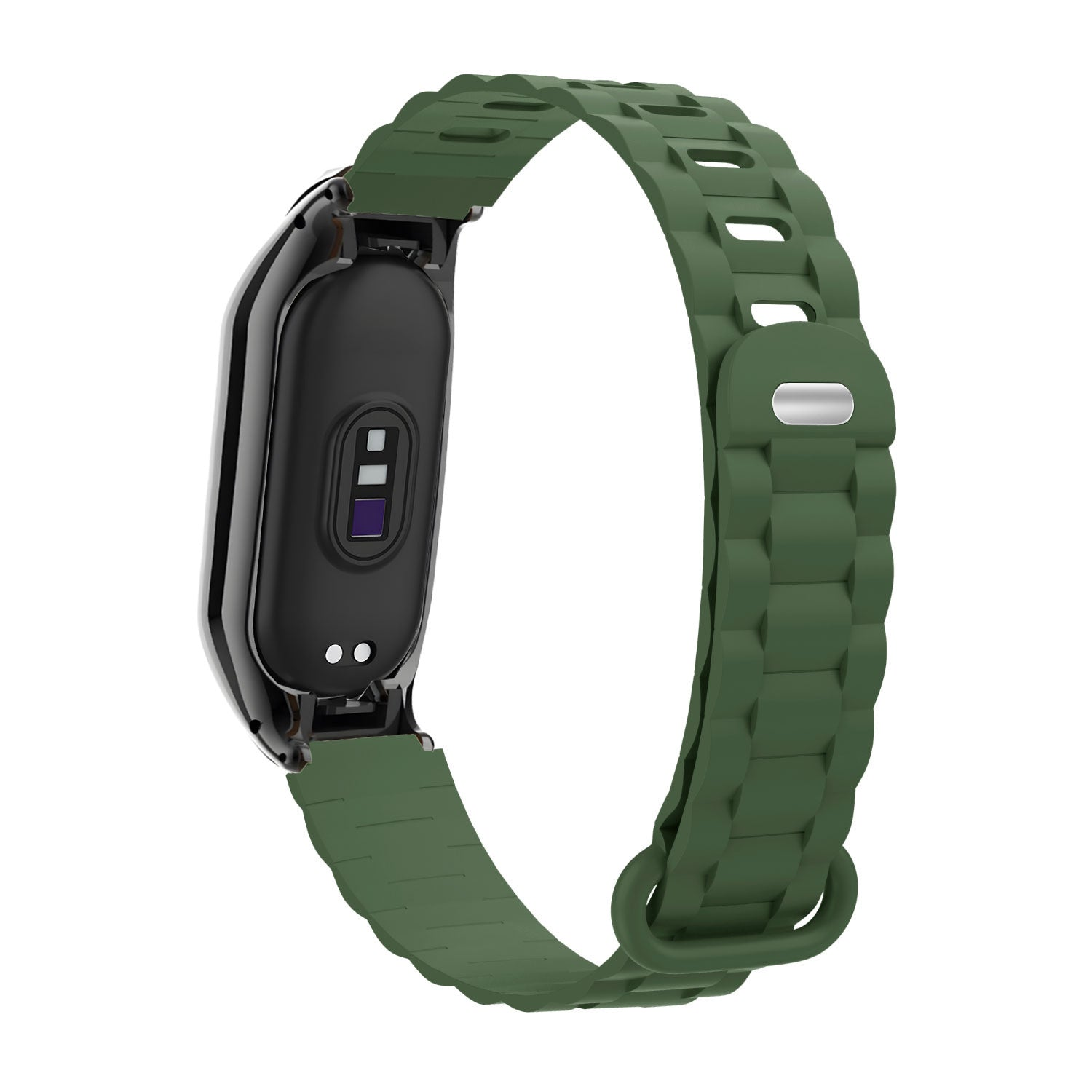 Eine grüne Smartwatch mit schwarzem Bildschirm. Das Armband ist grün und aus geripptem Material. Der Bildschirm ist schwarz und reflektierend.