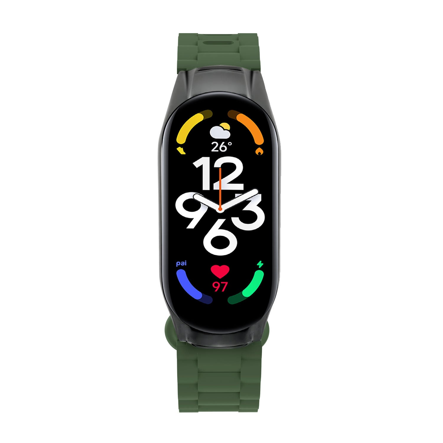 Eine Smartwatch mit schwarzem Bildschirm, die Uhrzeit, Herzfrequenz und Wetter anzeigt. Sie hat ein grünes Armband.