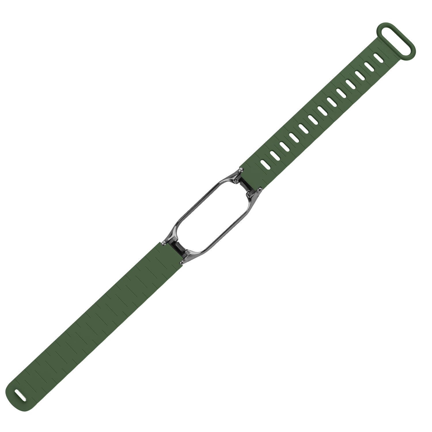 Ein grünes Uhrenarmband mit schwarzem Metallverschluss. Das Armband hat Löcher und eine Schlaufe. Der Hintergrund ist weiß.