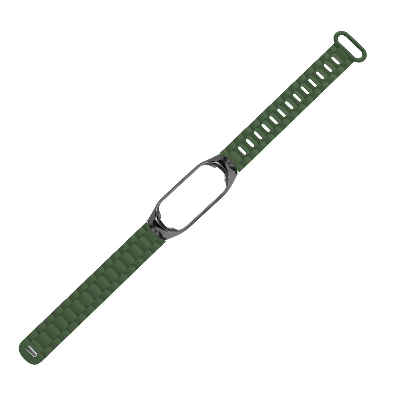 Ein grünes Uhrenarmband mit schwarzem Rahmen. Das Armband besteht aus strukturiertem Gummi und hat eine Schnalle. Der Hintergrund ist weiß.