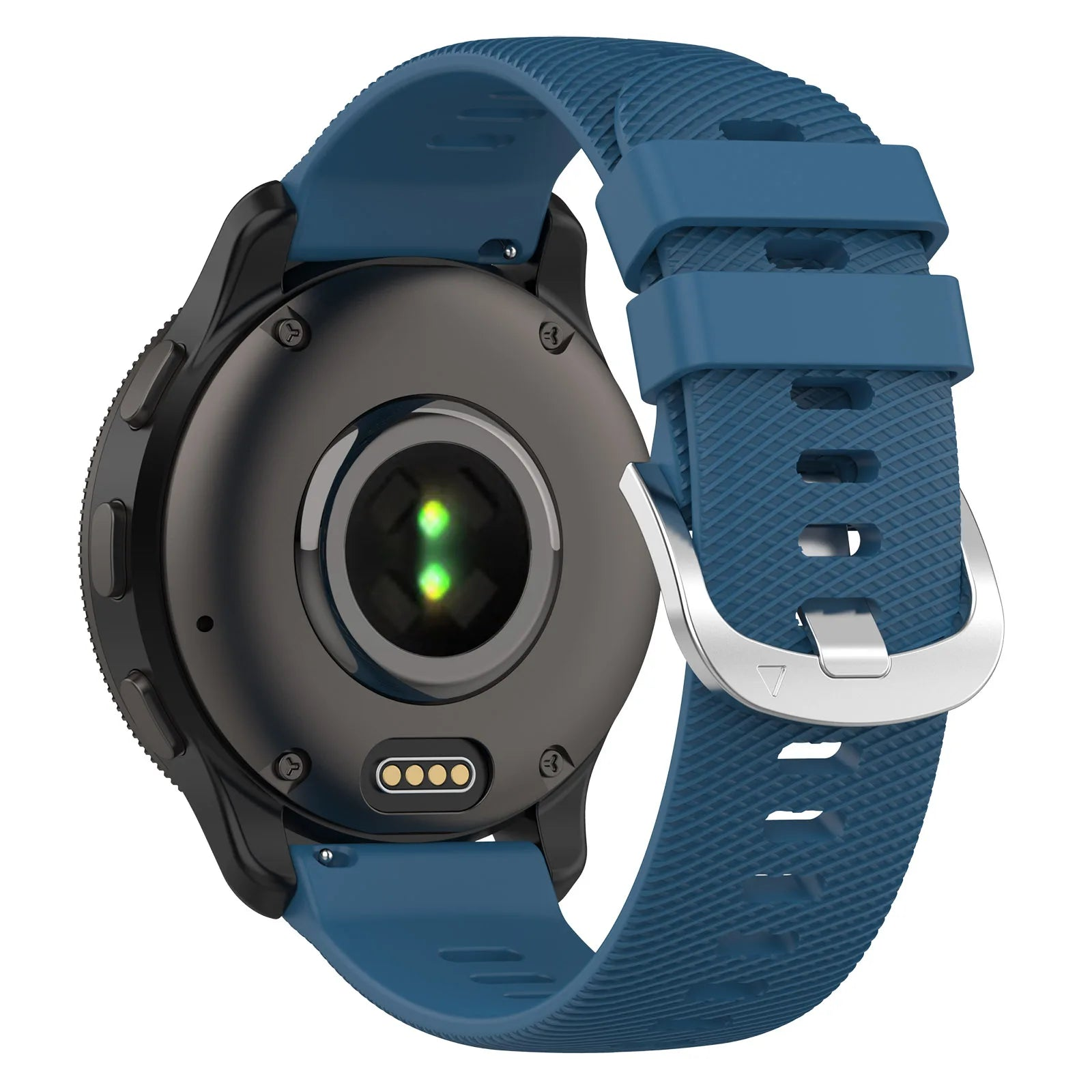 Eine schwarze Smartwatch mit blauem Band. Die Rückseite zeigt Sensoren. Das Band hat einen Metallverschluss.