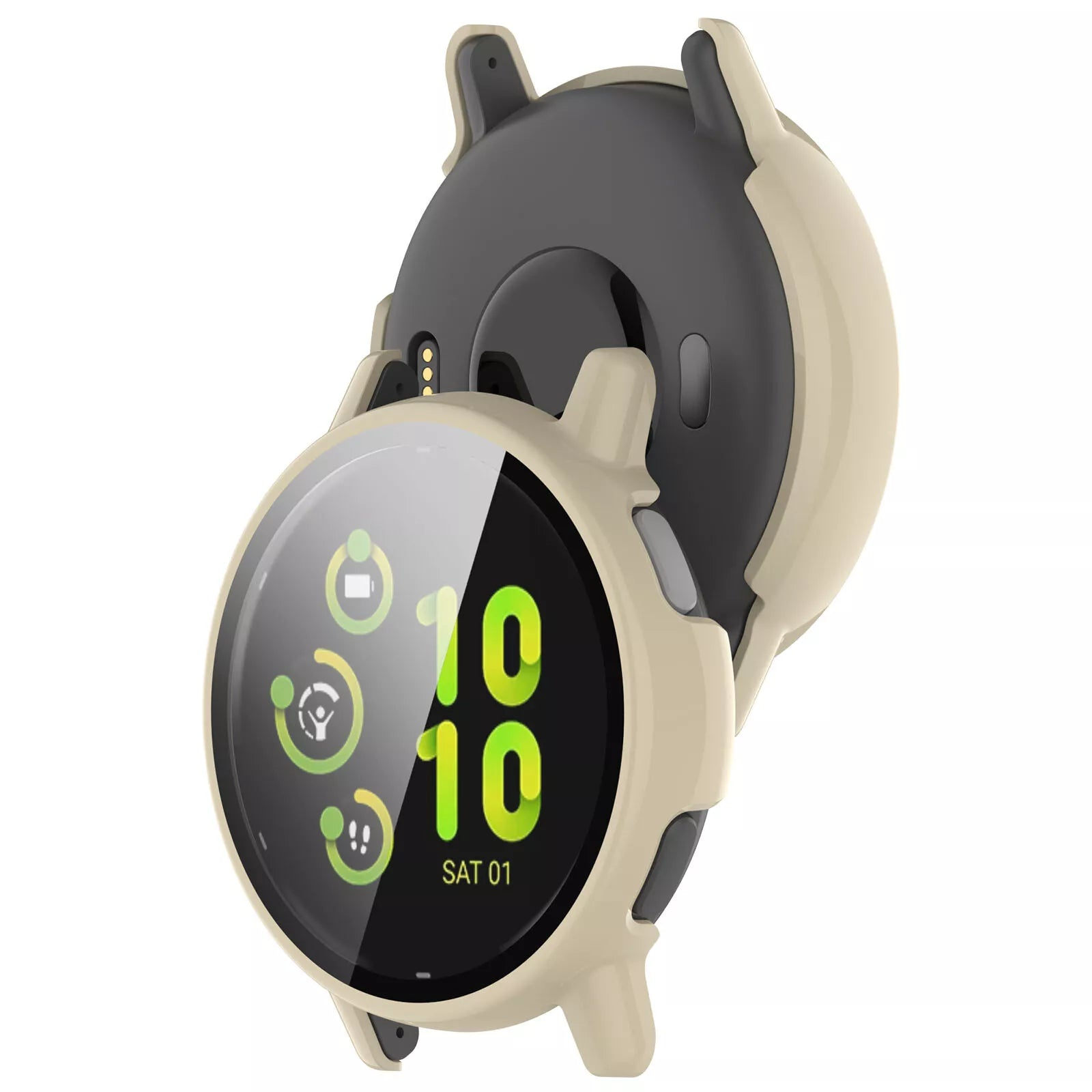 Zwei Smartwatches mit beigen Gehäusen, eine zeigt 10:10 auf dem Bildschirm. Symbole und Datum erscheinen. Weißer Hintergrund.