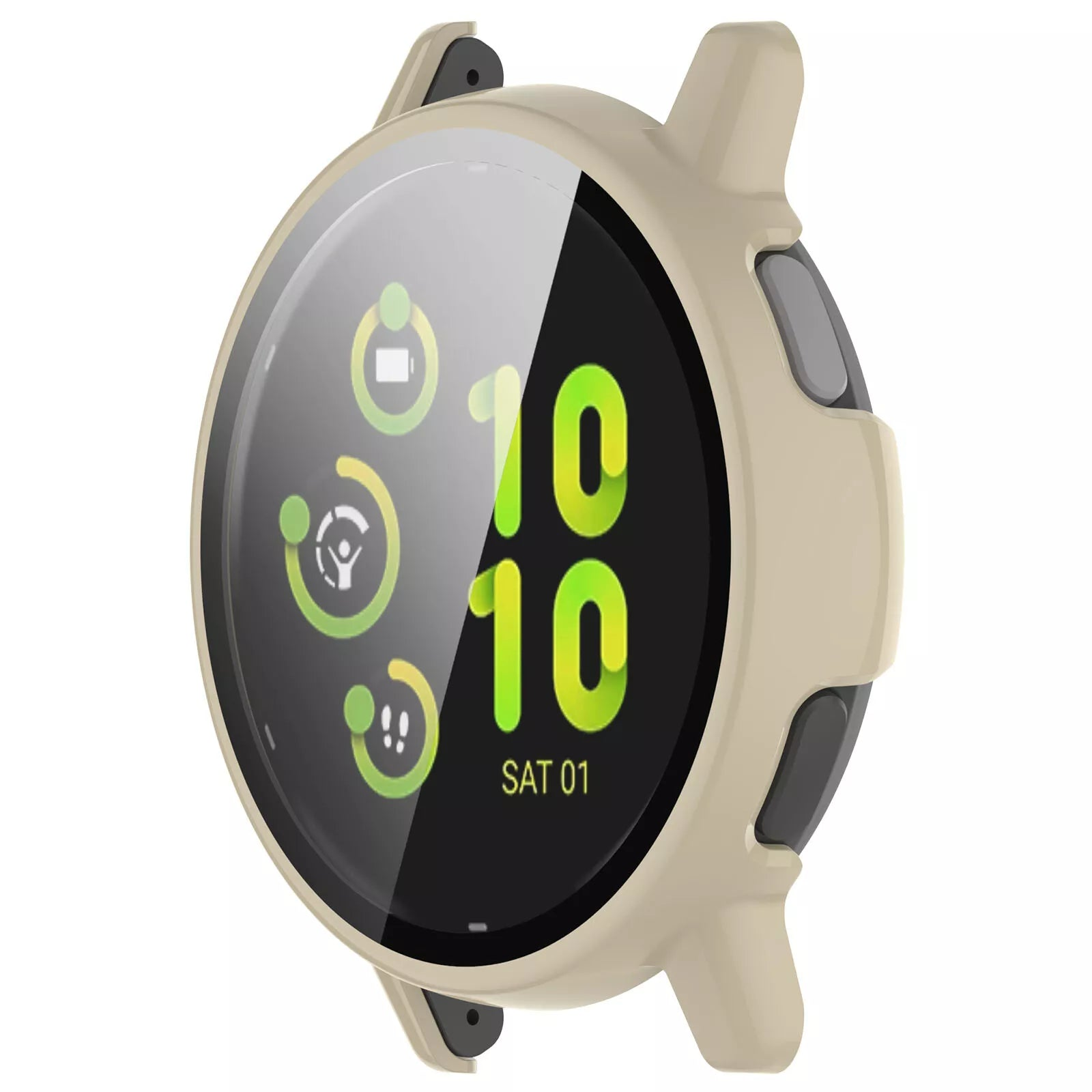 Eine Smartwatch mit beigefarbenem Gehäuse zeigt Uhrzeit und Datum sowie grüne Symbole. Die Uhr befindet sich auf weißem Hintergrund.