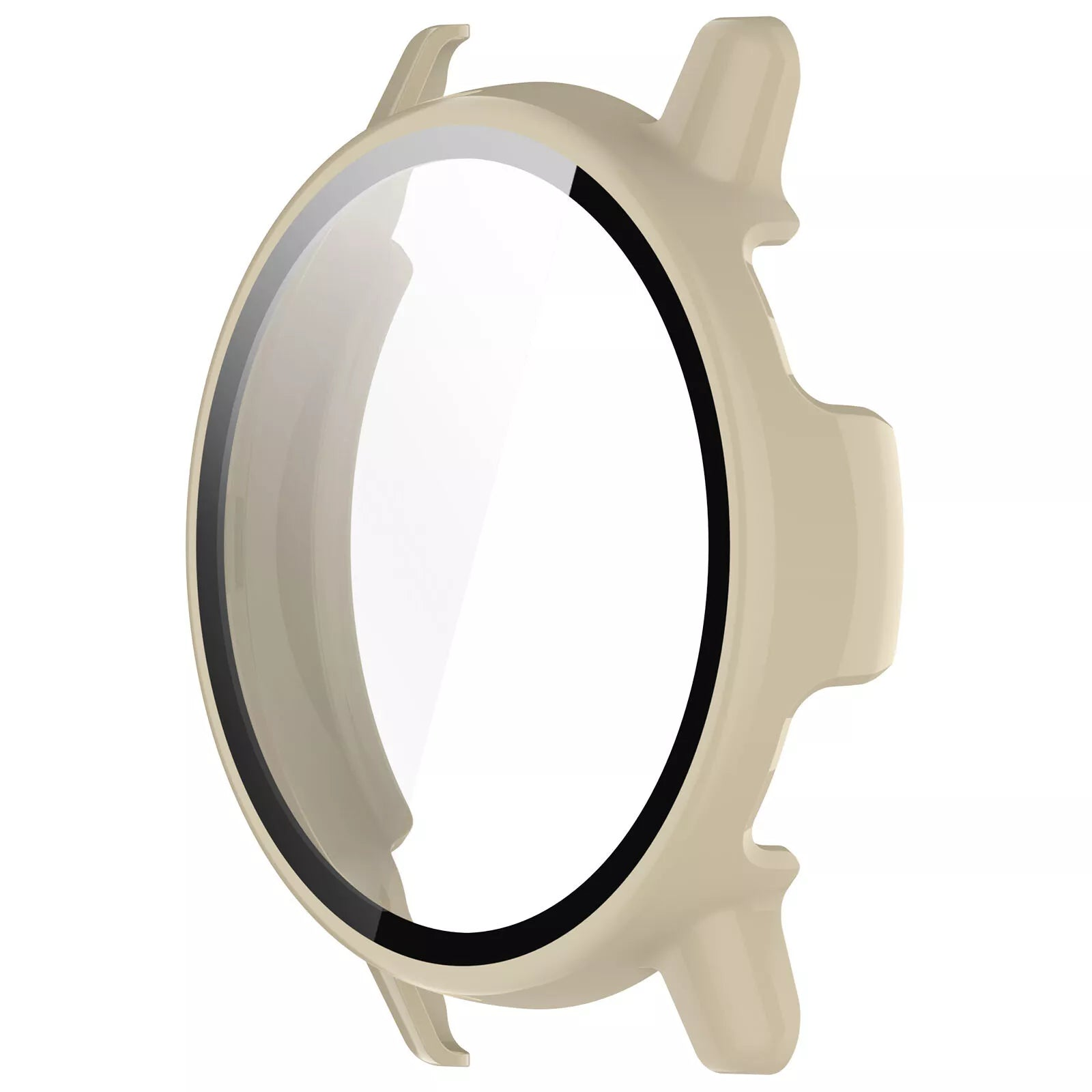 Beige Smartwatch-Displayschutz. Es hat ein klares rundes Glas und ist von einem beigen Rahmen umgeben. Der Hintergrund ist weiß.
